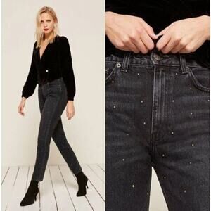 Reformation Women's Black Studded Harley Jeans Size 24 High Rise Slim Leg Biker